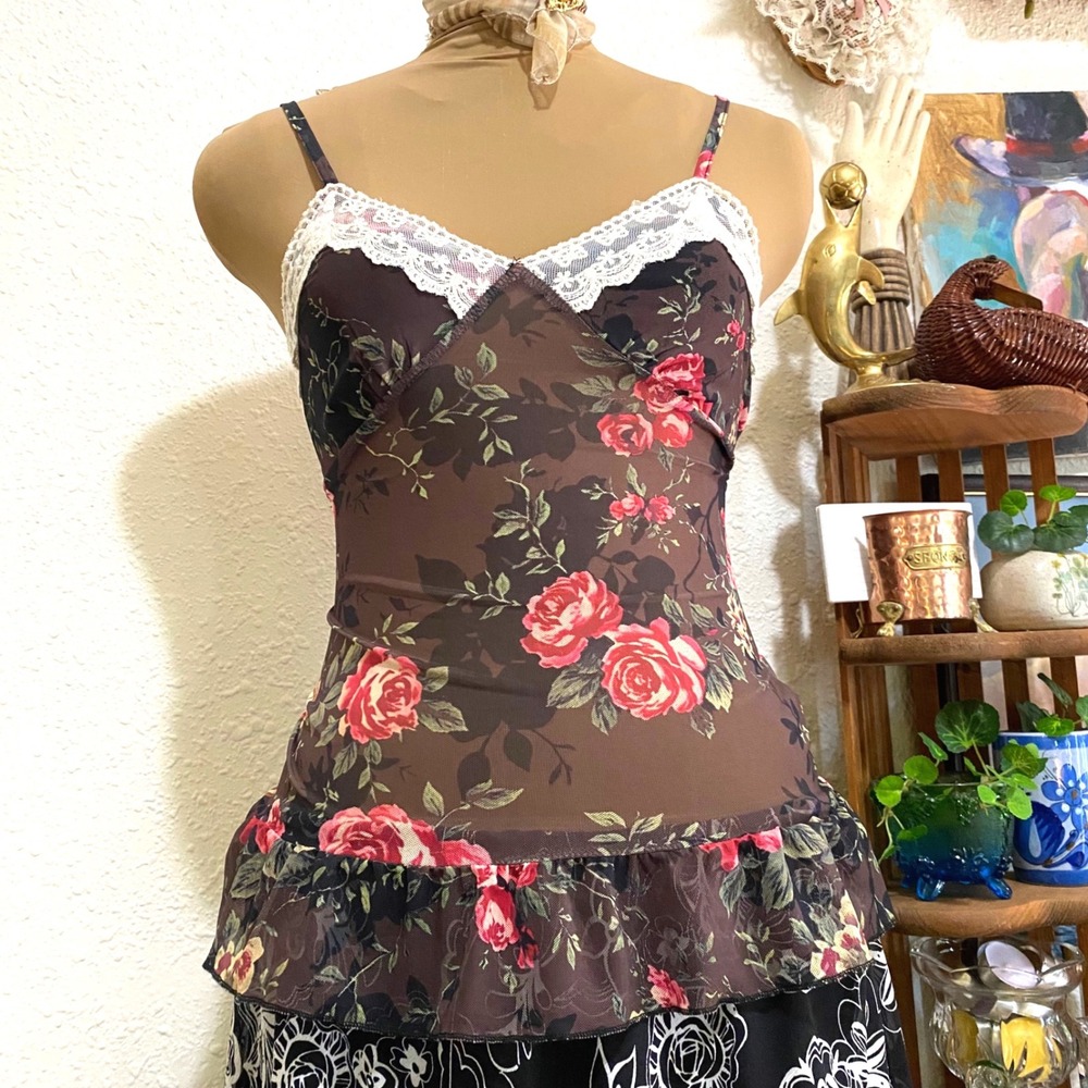 New Romwe Brown witchy babydoll fairycore dark romance Floral Mesh Cami Lace 2